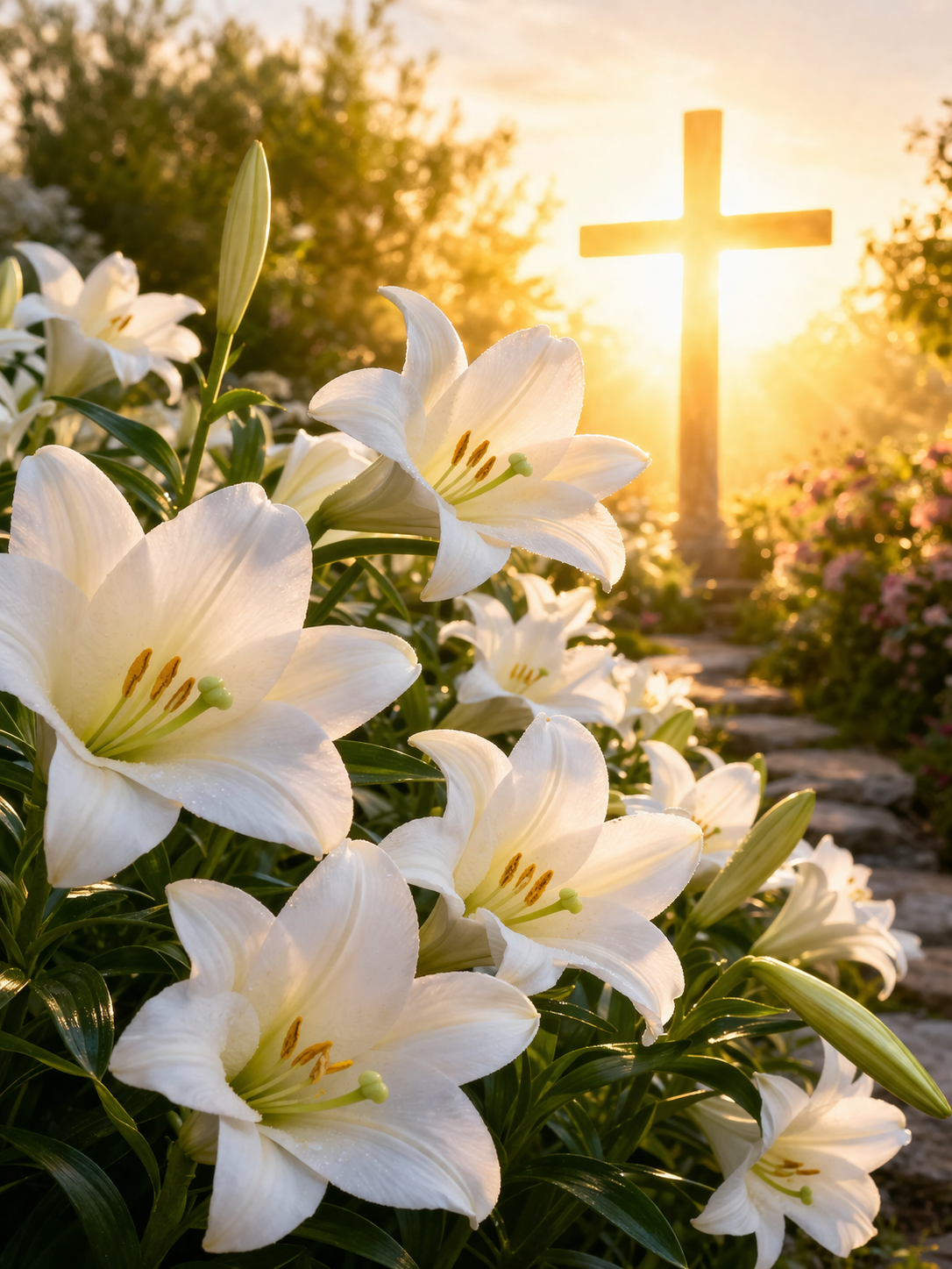 Pure white Easter lilies in foreground with a luminous golden cross glowing in sunrise light, garden setting — HD Easter devotional wallpaper