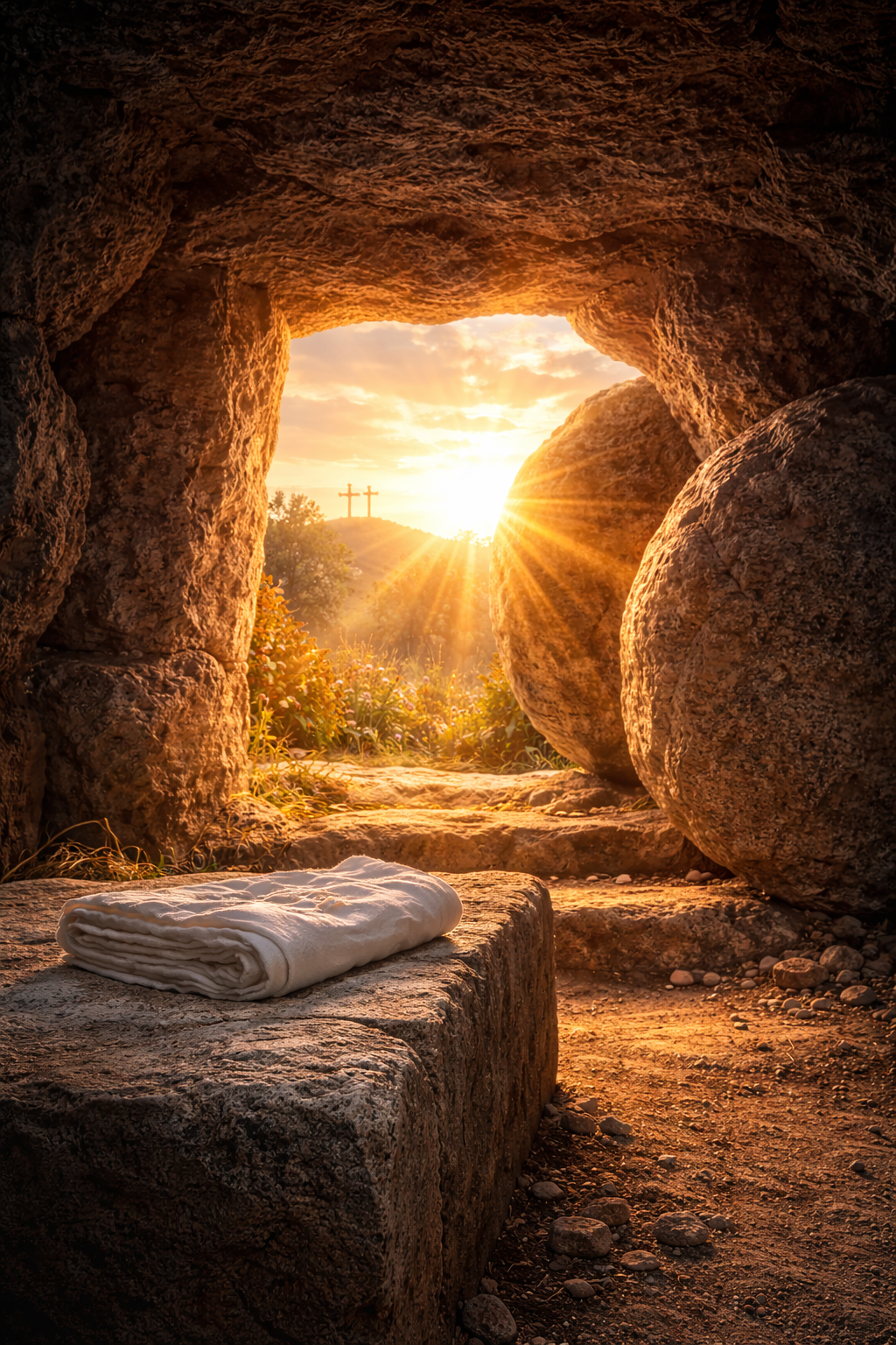 The Empty Tomb at Dawn — Folded Burial Cloth and Golden Sunrise