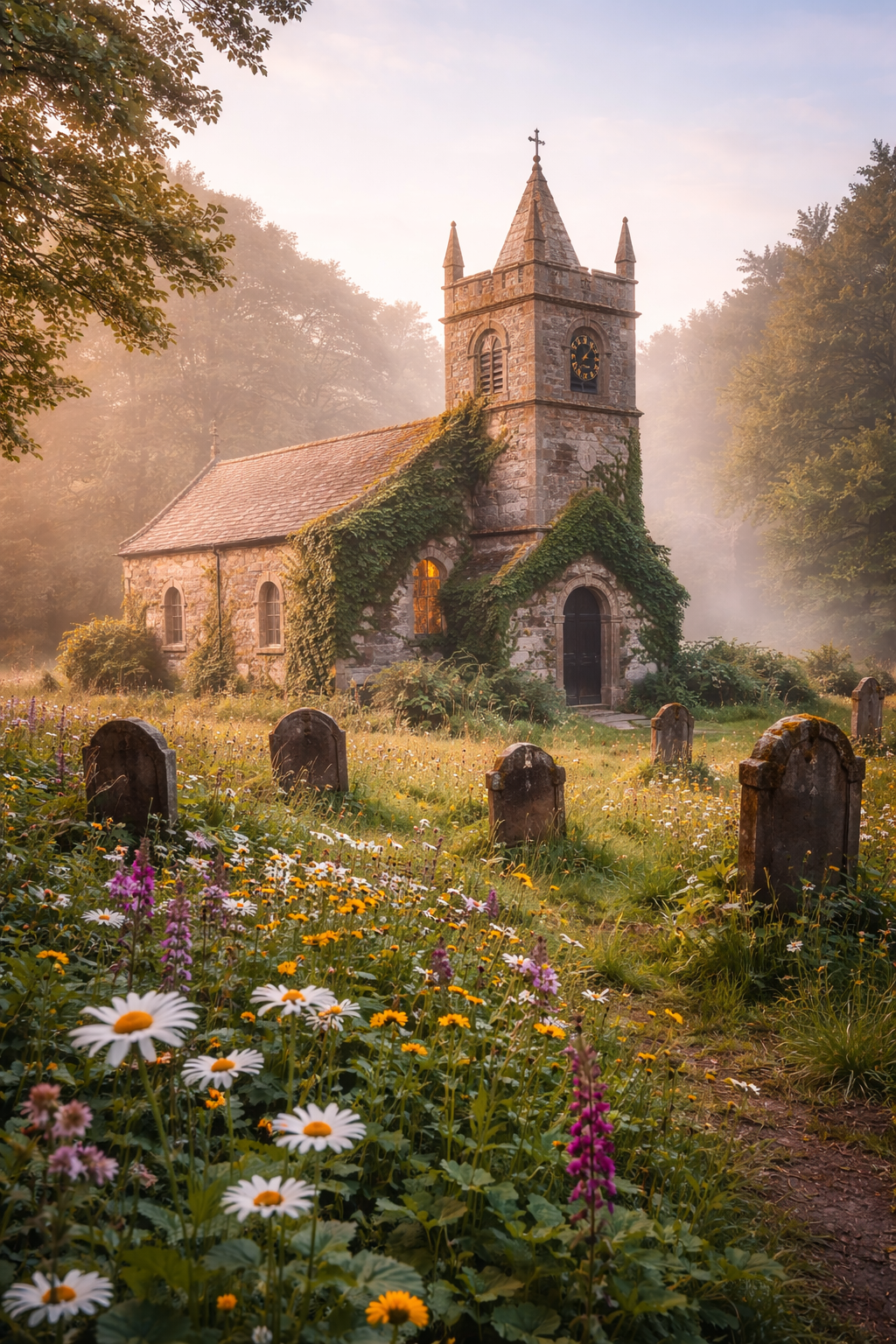 English Village Church — Ivy-Covered in Morning Mist