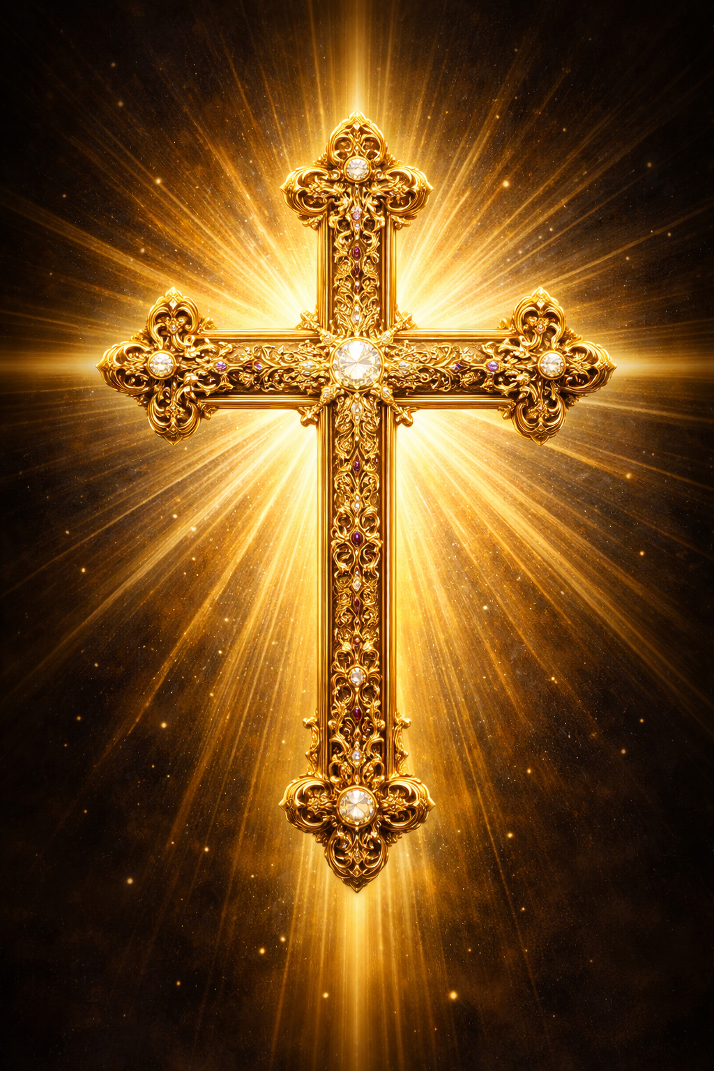 Golden ornate cross with filigree patterns and jewels, divine light rays on dark background — HD sacred art wallpaper