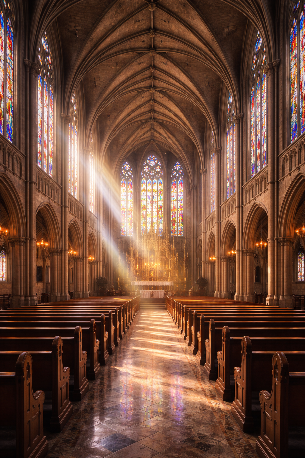 Grand Gothic cathedral interior with soaring vaulted ceilings, stained glass windows casting colorful light beams, wooden pews — HD architectural wallpaper