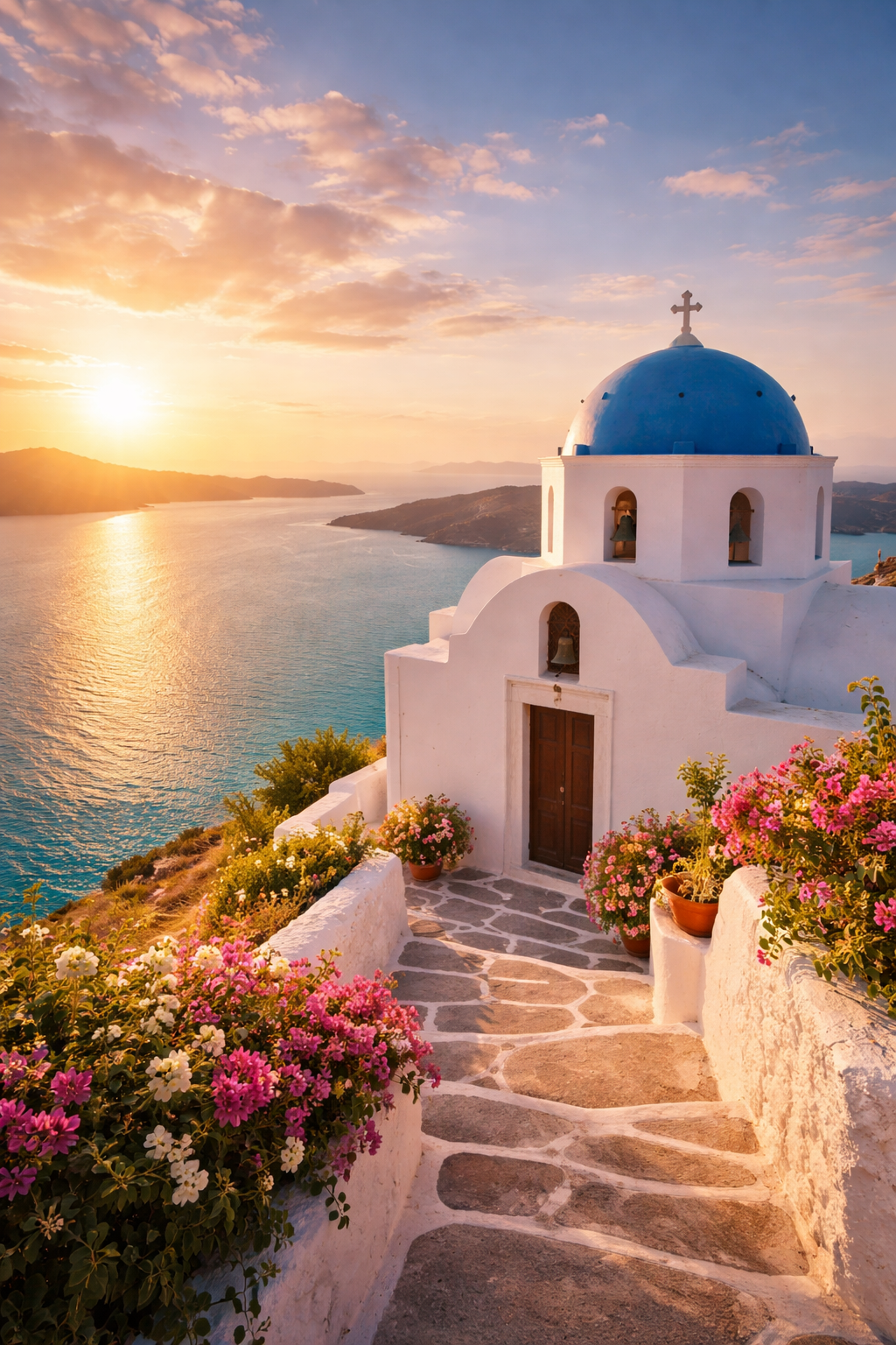 Greek Island Chapel at Sunset — Aegean Sea Variant