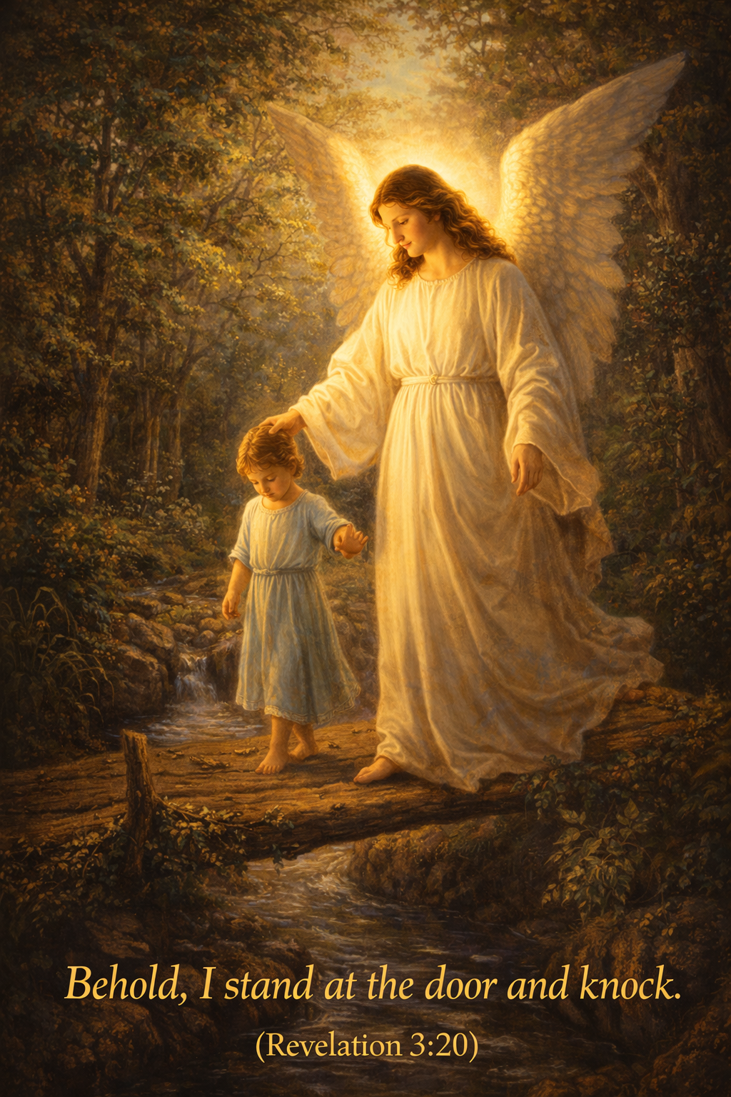 Guardian Angel Guiding a Child Across a Bridge