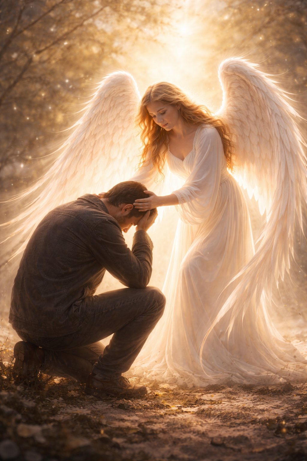 Guardian angel with white wings gently embracing a kneeling person in silhouette, soft divine light, compassionate healing grief -- HD wallpaper