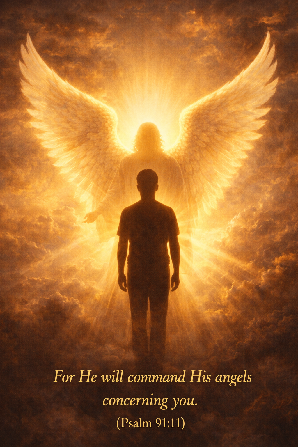 Guardian angel with spread wings silhouette standing protectively behind person at sunrise — space for Psalm 91:11 text — vertical WhatsApp image