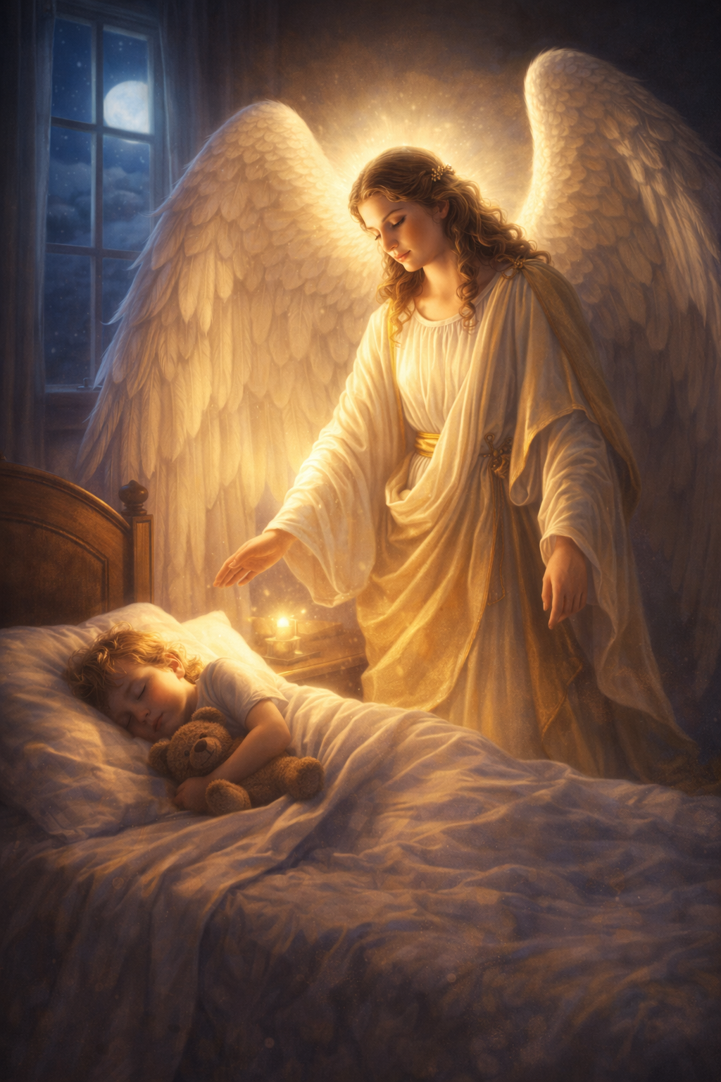 Guardian Angel Watching Over Sleeping Child — Moonlight