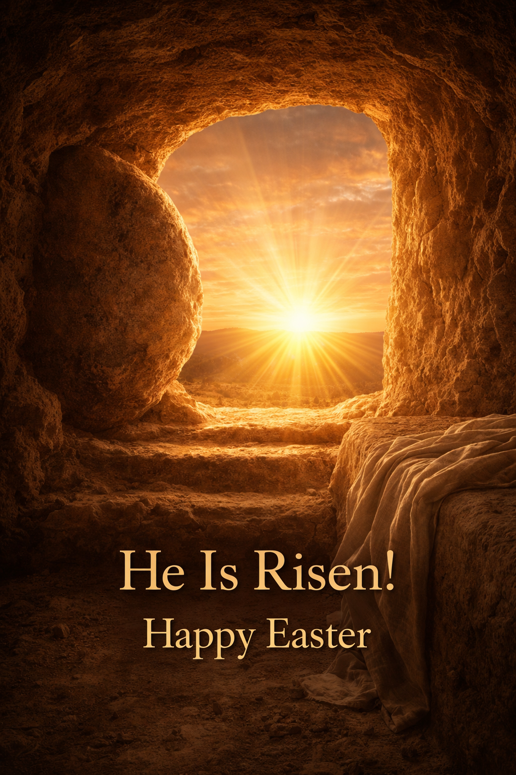 Empty tomb with stone rolled away, golden sunrise light streaming in, "He Is Risen! Happy Easter" text — vertical WhatsApp Easter greeting image