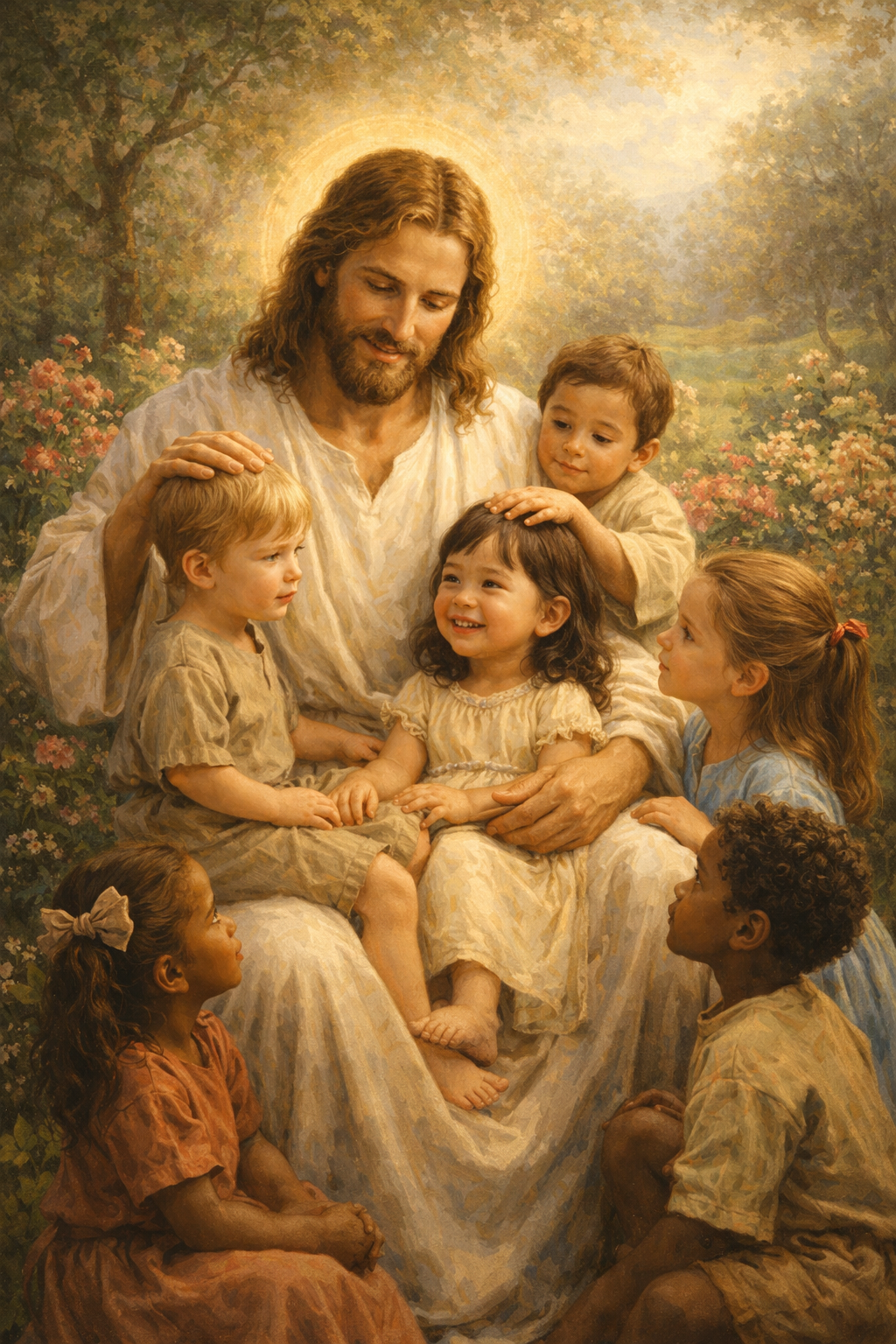 Jesus Christ seated with children of different ethnicities around him, blessing them with gentle hands, garden setting — HD Christian wallpaper