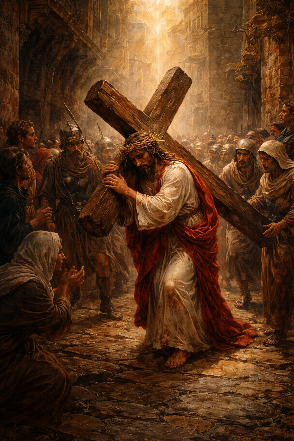 Jesus Christ carrying the heavy wooden cross through the Via Dolorosa, crowd lining the narrow stone street, divine light from above — HD Good Friday oil painting wallpaper