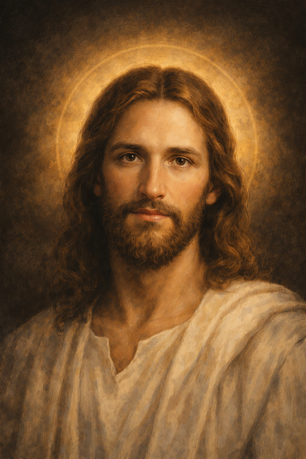 Close-up portrait of Jesus Christ with brown hair and beard, compassionate brown eyes, subtle golden halo — photorealistic HD devotional wallpaper
