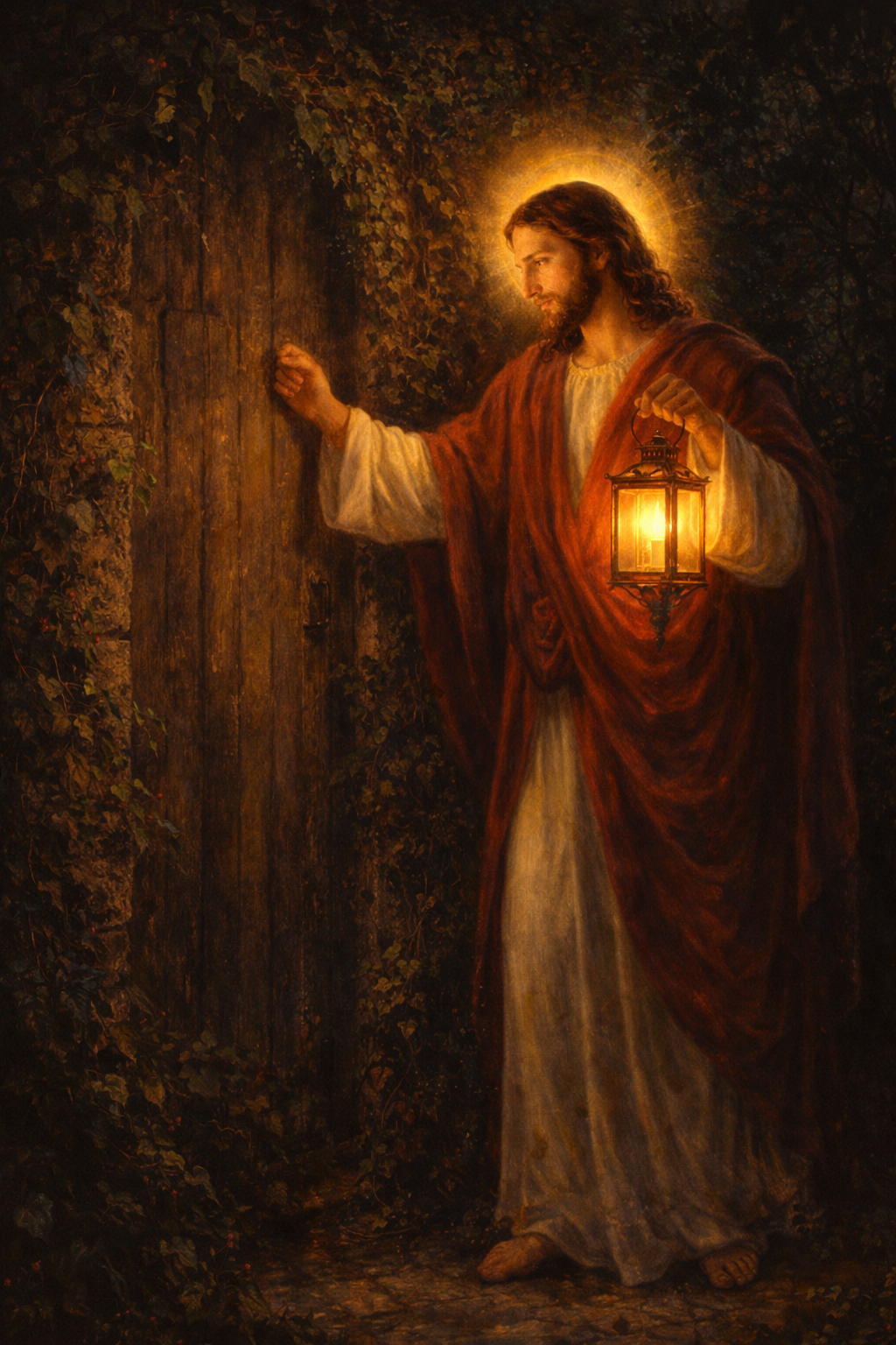 Jesus knocking at an ivy-covered wooden door holding a glowing lantern, no handle on outside — based on Holman Hunt's Light of the World — HD wallpaper
