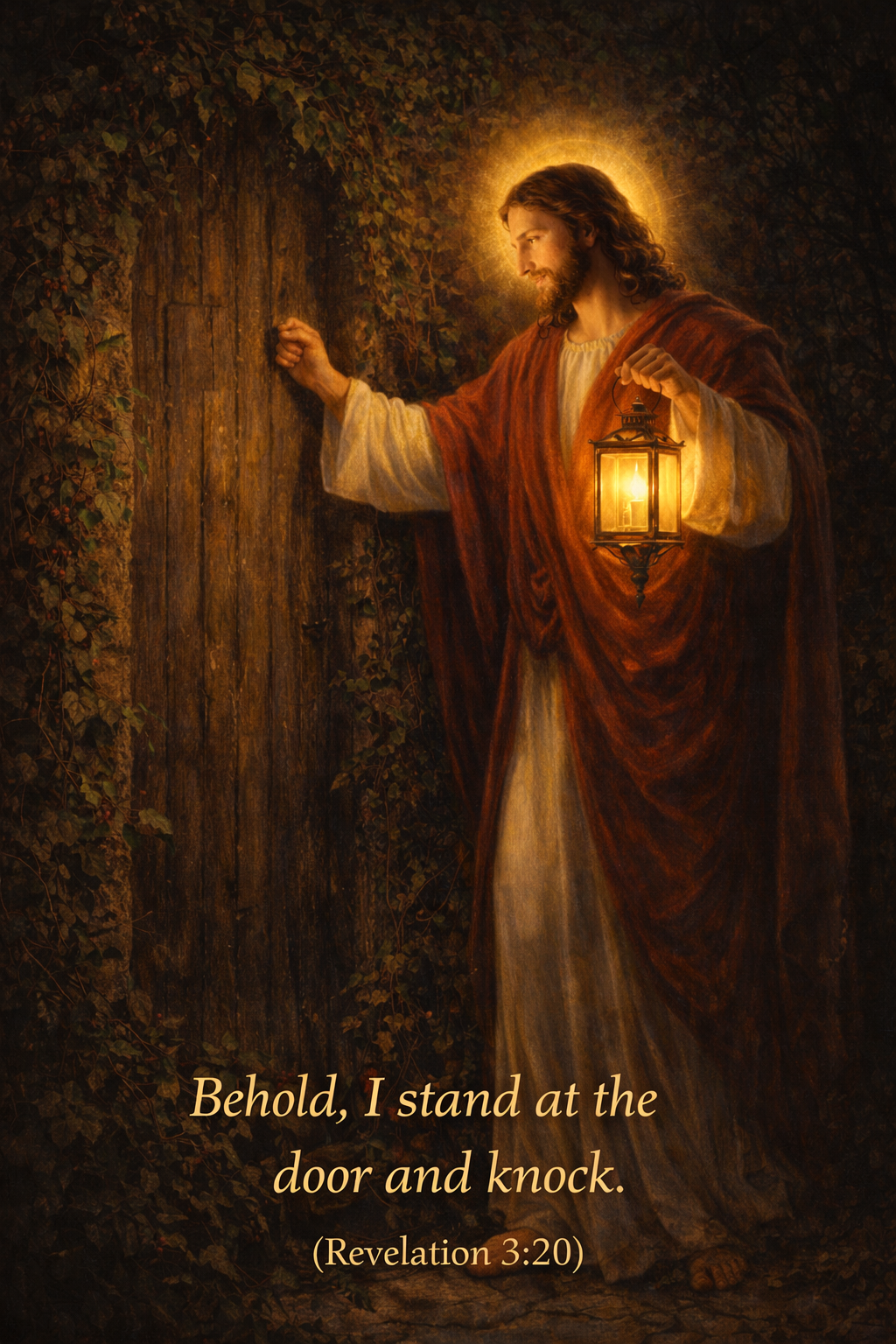 Jesus knocking at ivy-covered door with lantern, space for Revelation 3:20 text — vertical WhatsApp devotional image