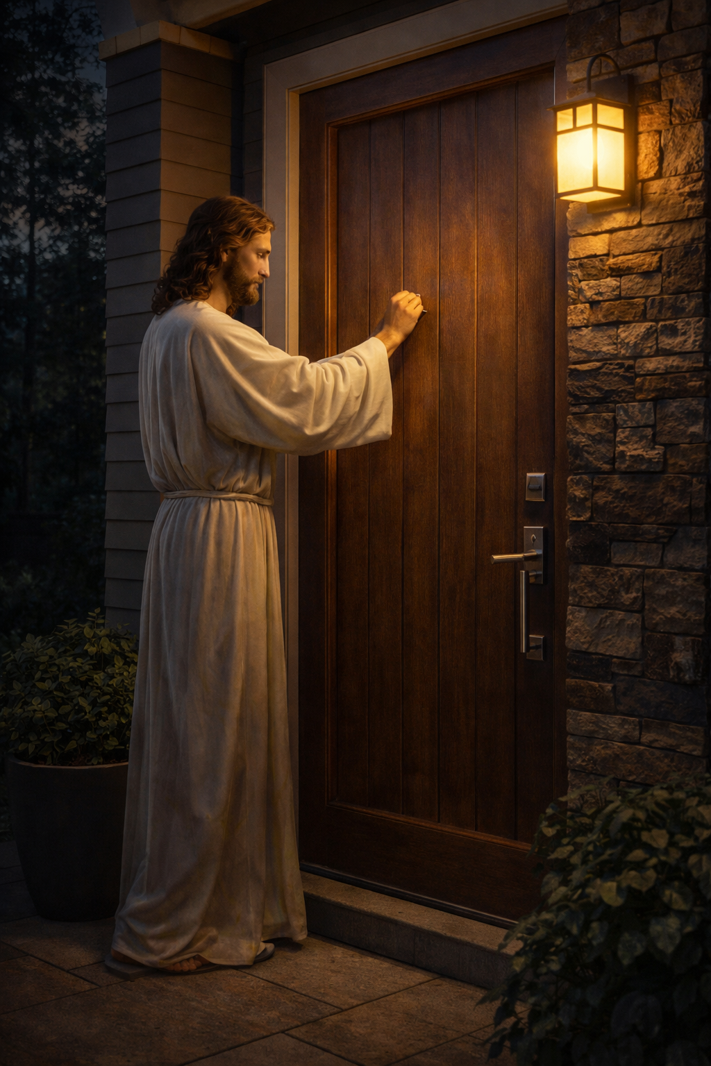 Jesus in white robes knocking at a modern wooden front door at dusk, warm porch light — contemporary photorealistic devotional wallpaper
