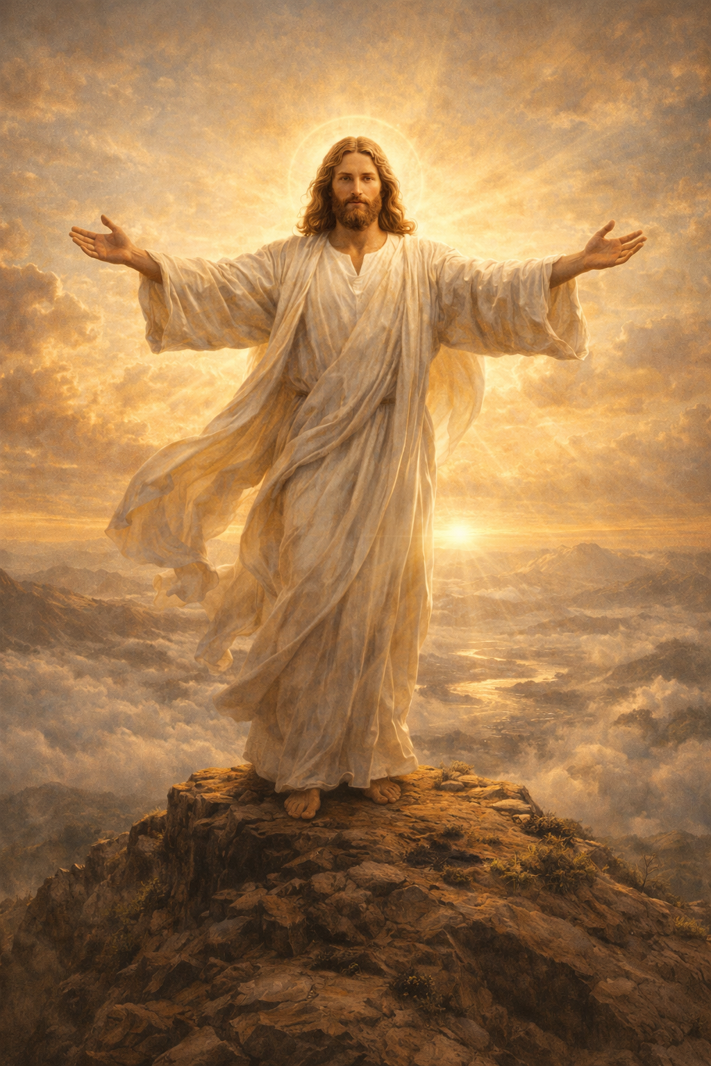 Jesus Christ standing on a mountaintop at sunrise, arms outstretched in blessing, white robe flowing, divine golden light — HD inspirational wallpaper