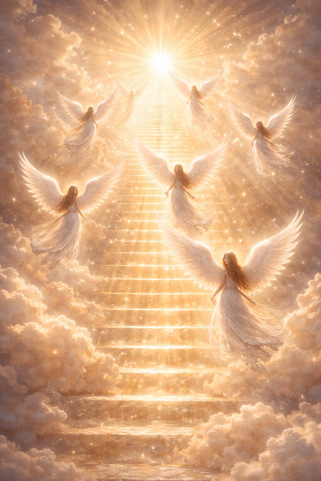 Multiple angels ascending a golden stairway of divine light toward heaven, wings spread at different heights, Jacob's Ladder concept -- HD wallpaper