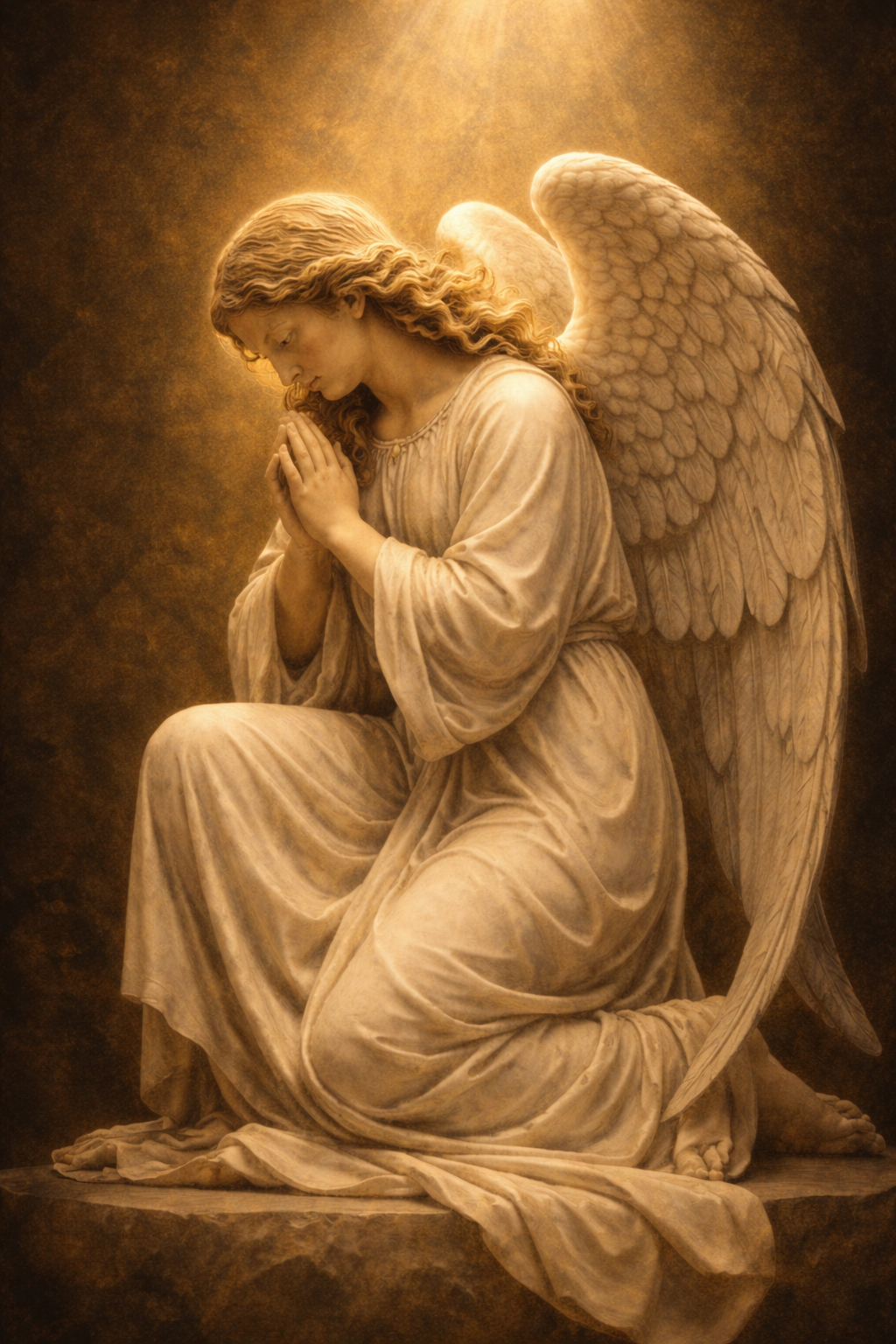 Single angel kneeling in prayer, head bowed, white wings folded, golden light from above against dark background — HD Renaissance-style devotional wallpaper