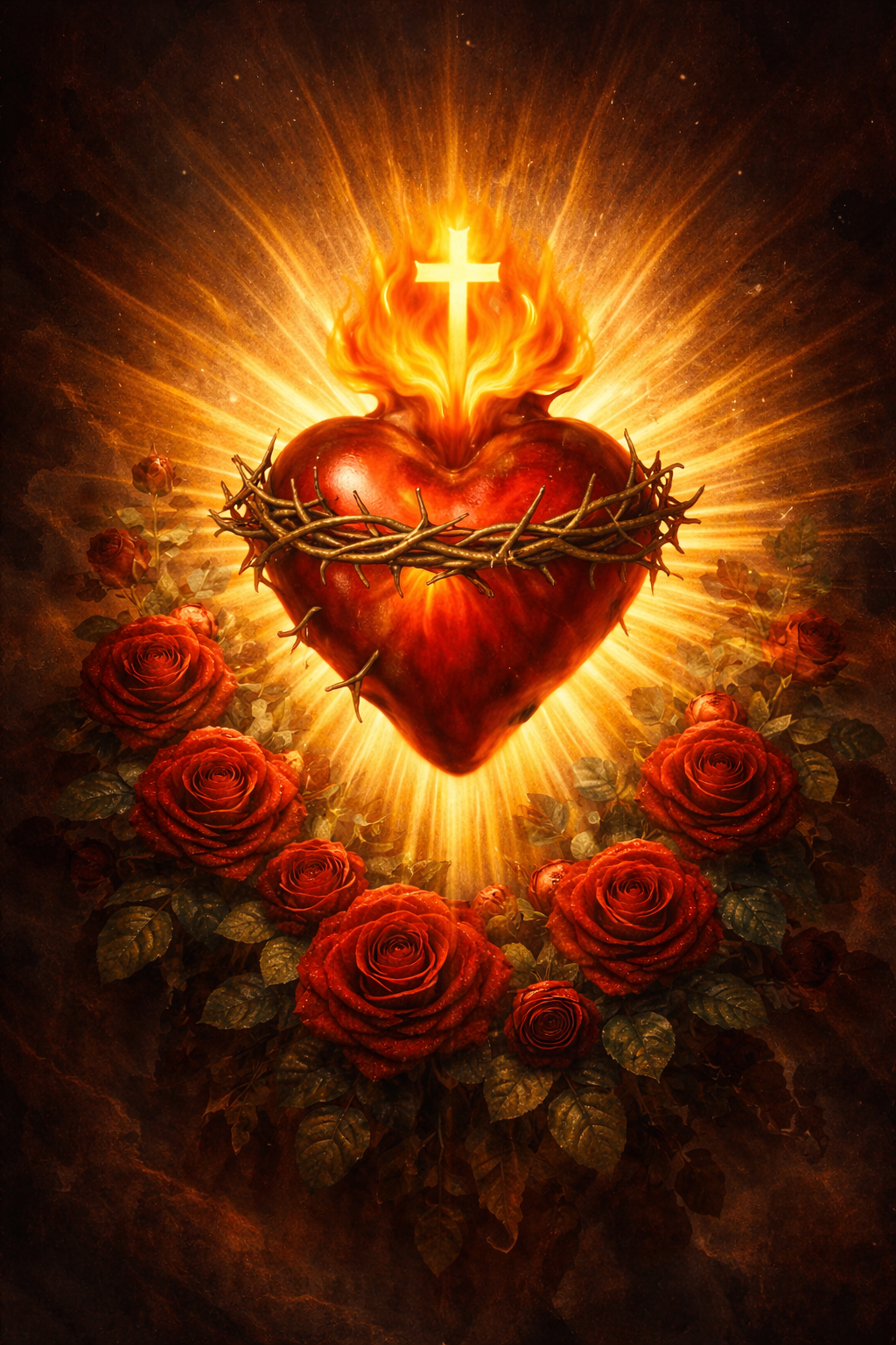 Sacred Heart of Jesus modern artistic interpretation — glowing heart with crown of thorns, roses, divine golden light — HD contemporary devotional wallpaper