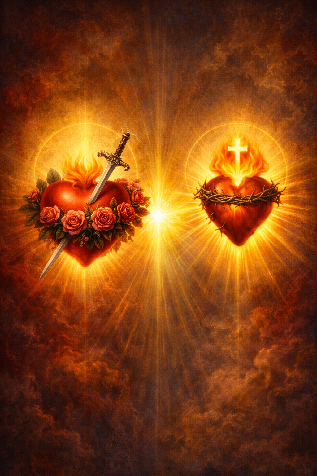Immaculate Heart of Mary and Sacred Heart of Jesus side by side — twin hearts with crown of thorns, sword, roses, divine light — HD Catholic wallpaper