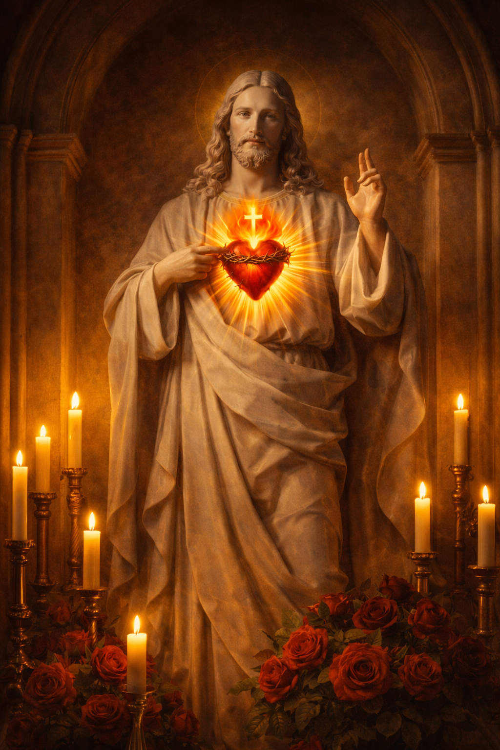 White Sacred Heart of Jesus statue with glowing red heart, candles burning, red roses — devotional still life photography wallpaper