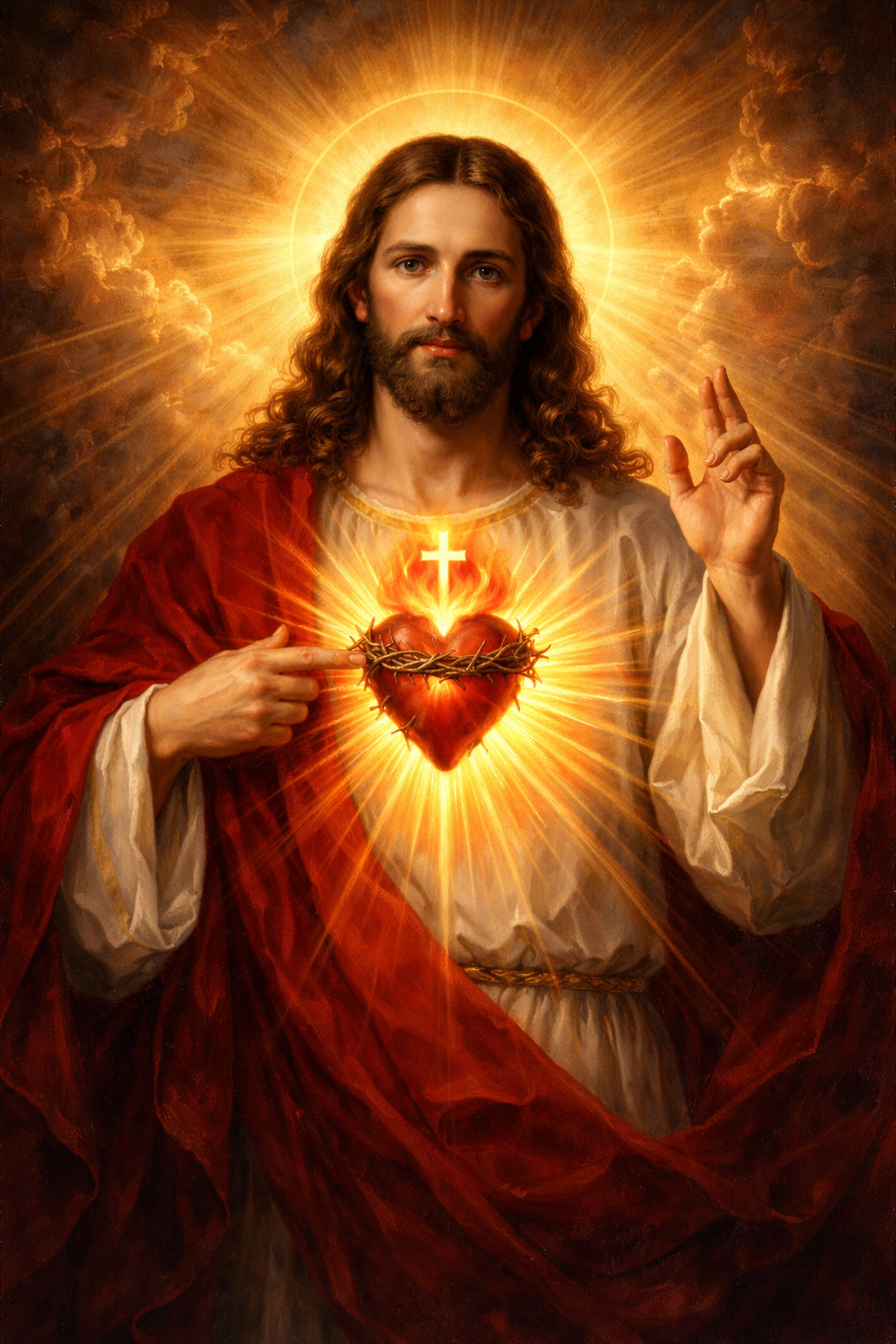Sacred Heart of Jesus with intense divine golden light radiating from the sacred heart — HD devotional wallpaper