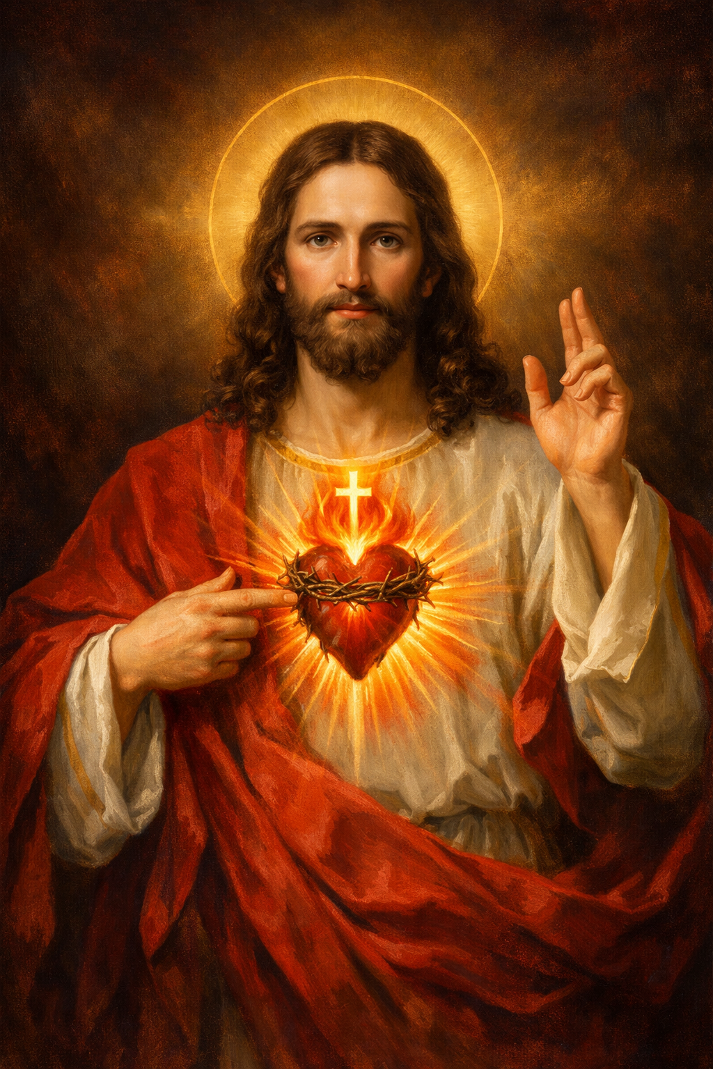 Sacred Heart of Jesus — Jesus in red and white robes revealing sacred heart with crown of thorns and flames, golden halo, classical Catholic devotional art — HD wallpaper