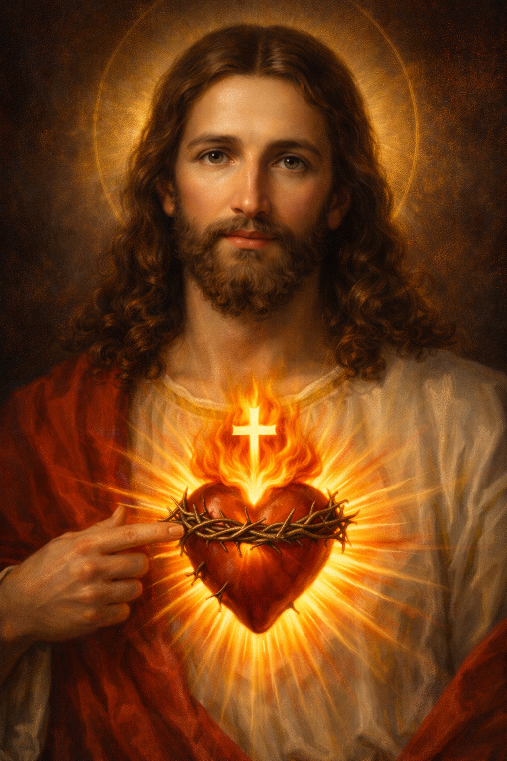 Sacred Heart of Jesus close-up portrait with glowing heart, crown of thorns, divine flames — HD Catholic wallpaper