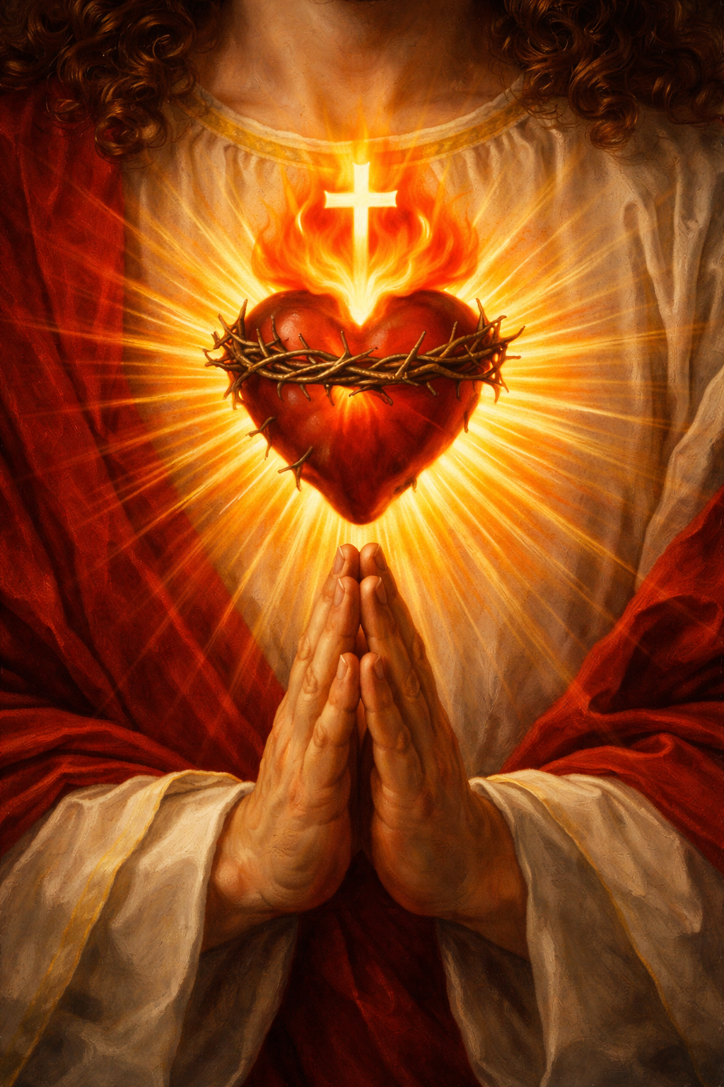 Sacred Heart of Jesus close-up with glowing heart, crown of thorns, flames — vertical WhatsApp devotional image