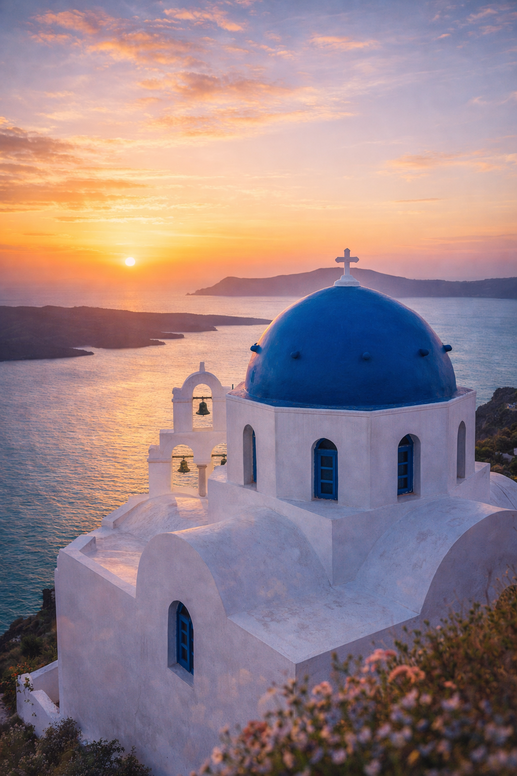 White chapel with blue dome on Santorini hillside overlooking turquoise Mediterranean Sea at sunset -- HD travel and spiritual wallpaper