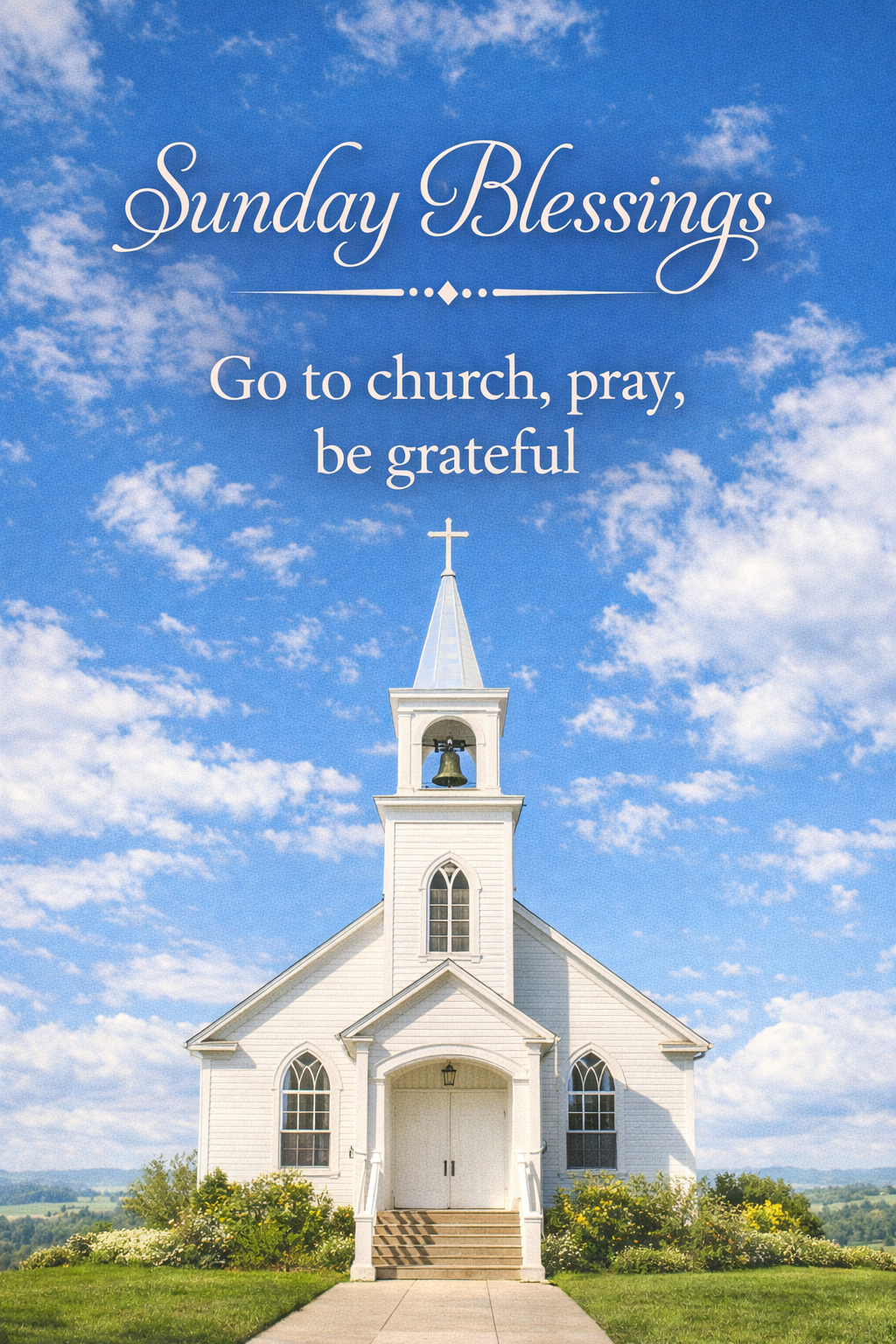 Sunday Blessings — White Church Against Blue Sky