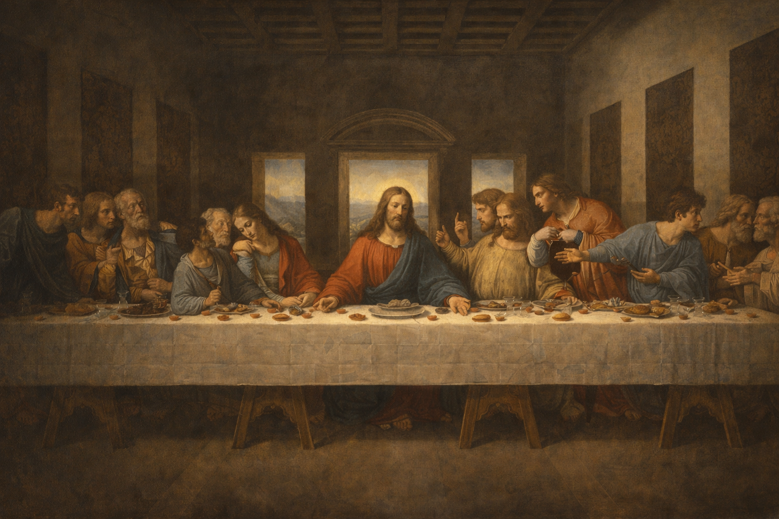The Last Supper — Jesus seated at center of a long table with twelve apostles, bread and wine, dramatic lighting — Renaissance-style HD Christian wallpaper