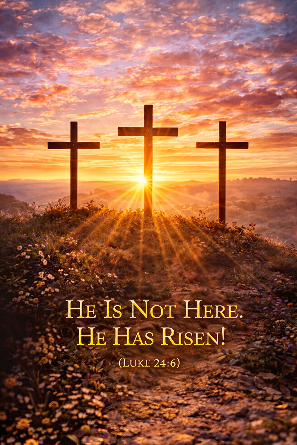 Three Crosses at Sunrise — "He Has Risen!" WhatsApp Greeting