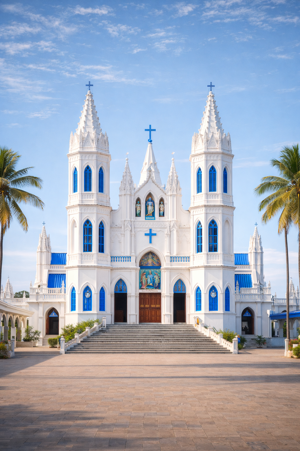 Basilica of Our Lady of Good Health Velankanni style — white and blue colonial church with ornate towers, palm trees, blue sky — HD Indian church wallpaper