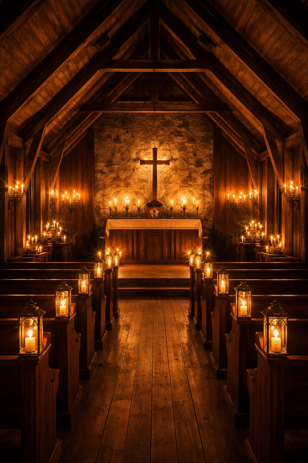 Wooden church interior illuminated entirely by hundreds of candles, warm golden light, wooden beams, simple altar β HD intimate wallpaper