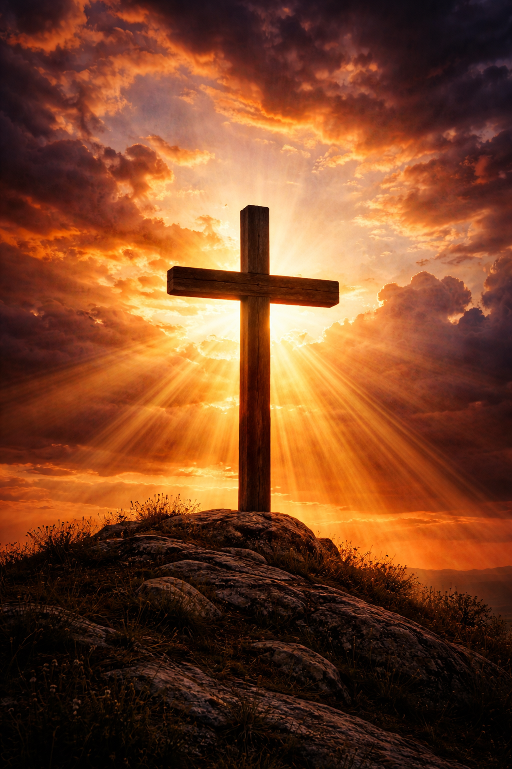 Wooden cross silhouetted against dramatic sunset sky on hilltop, orange red purple clouds, light rays — HD inspirational wallpaper