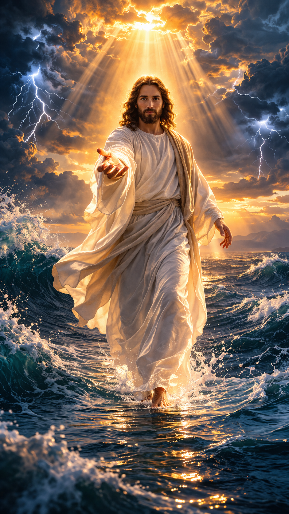 Yeshu Masih HD photo — Jesus Christ walking on stormy water, white robes glowing, divine light from above — free download wallpaper
