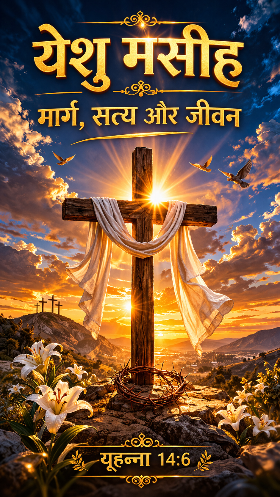 Yeshu Masih HD wallpaper — cross with golden sunrise, Hindi text Way Truth and Life John 14:6 — vertical WhatsApp image