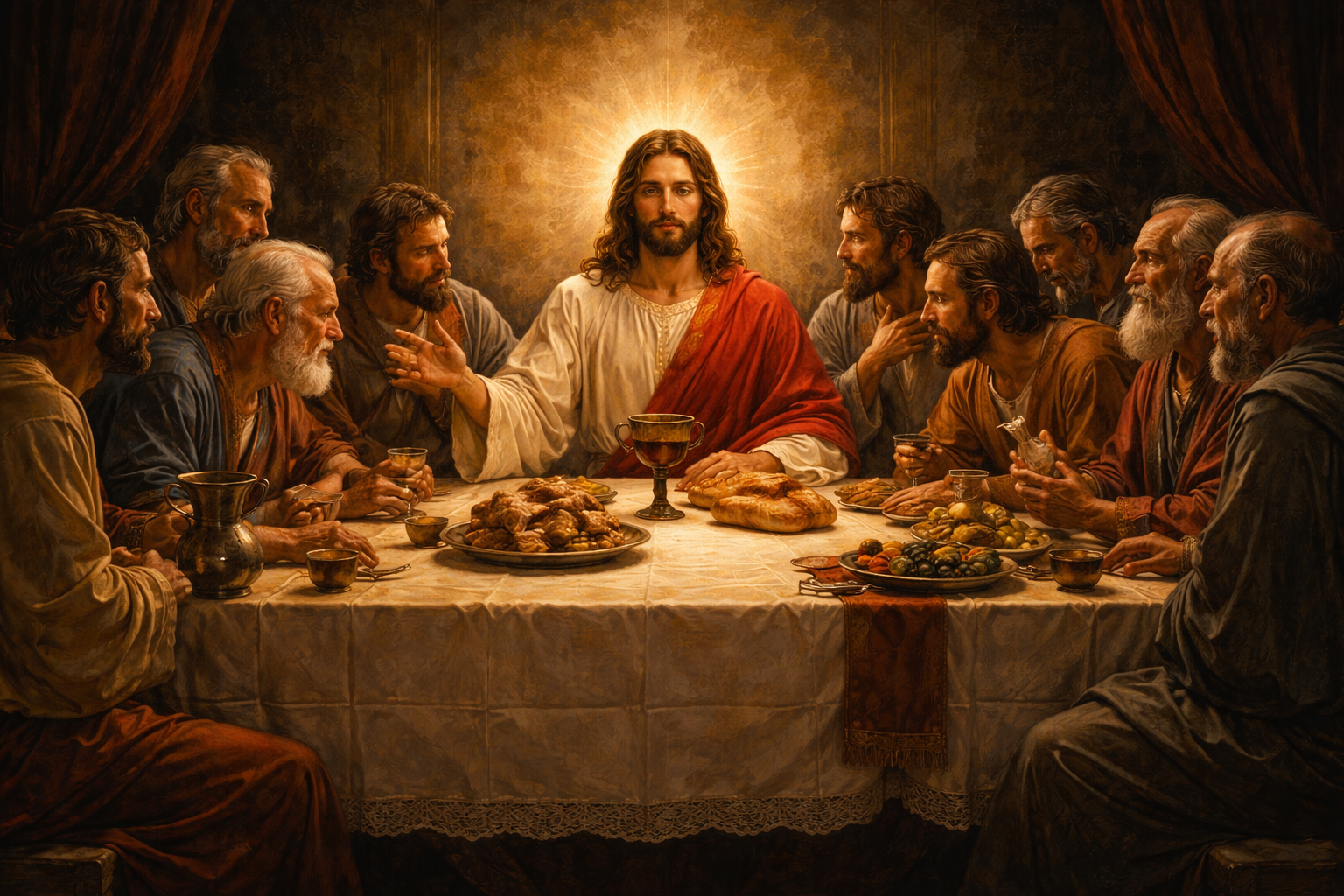 Yeshu Masih ka wallpaper — The Last Supper, Jesus seated at center with twelve apostles, dramatic Renaissance lighting — HD wallpaper