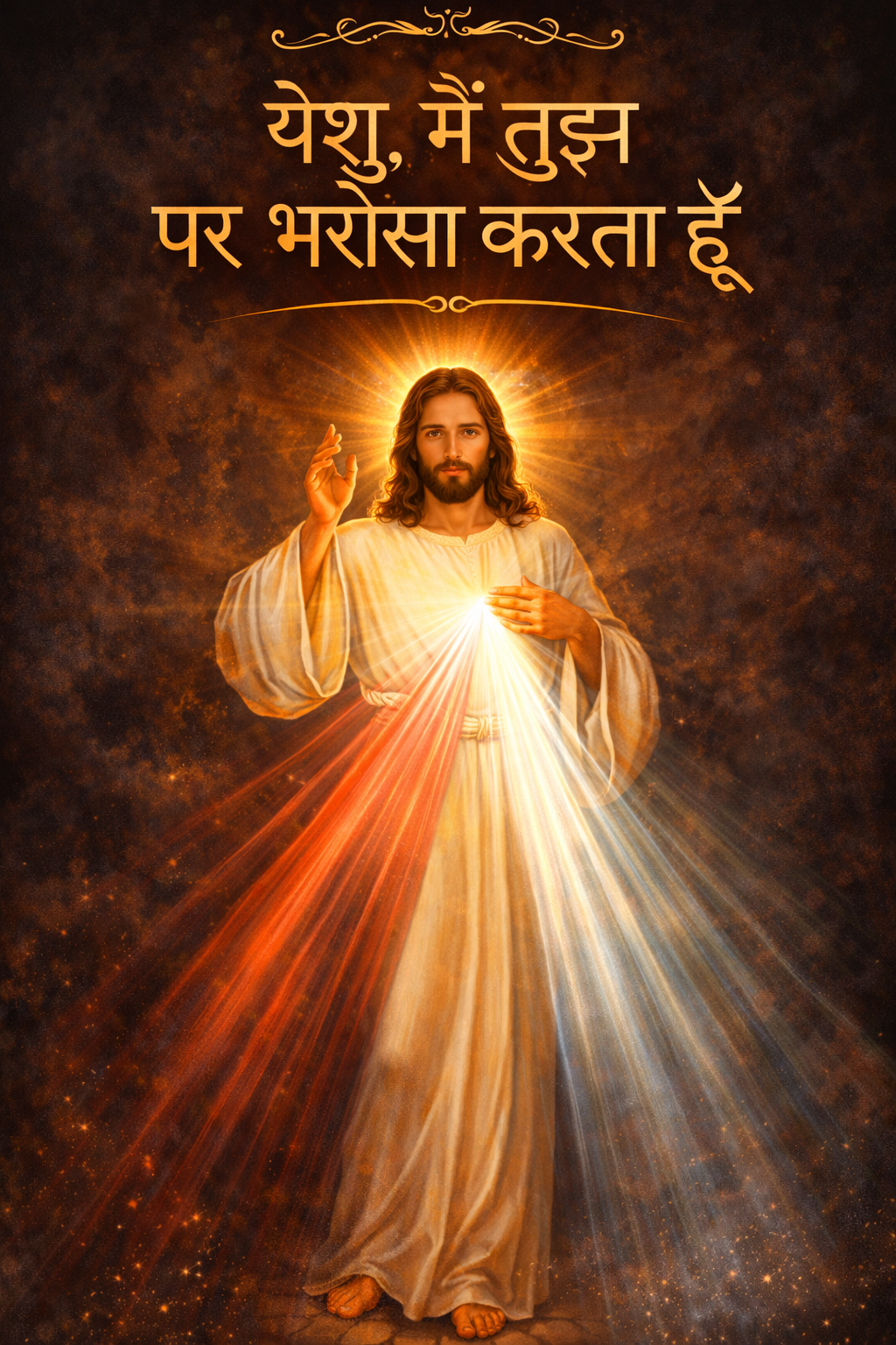 Yeshu Masih ki photo — Divine Mercy of Jesus, white robe, red and blue rays, Hindi text Jesus I trust in You — vertical WhatsApp