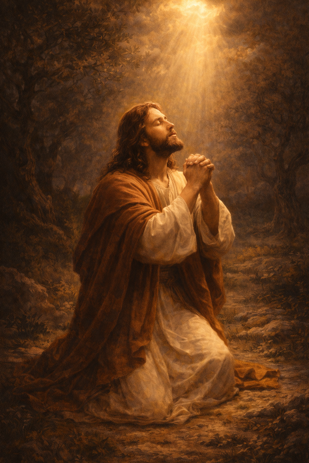 Yeshu Masih photo — Jesus kneeling in prayer in Garden of Gethsemane, dramatic divine light from above, dark olive garden — HD wallpaper
