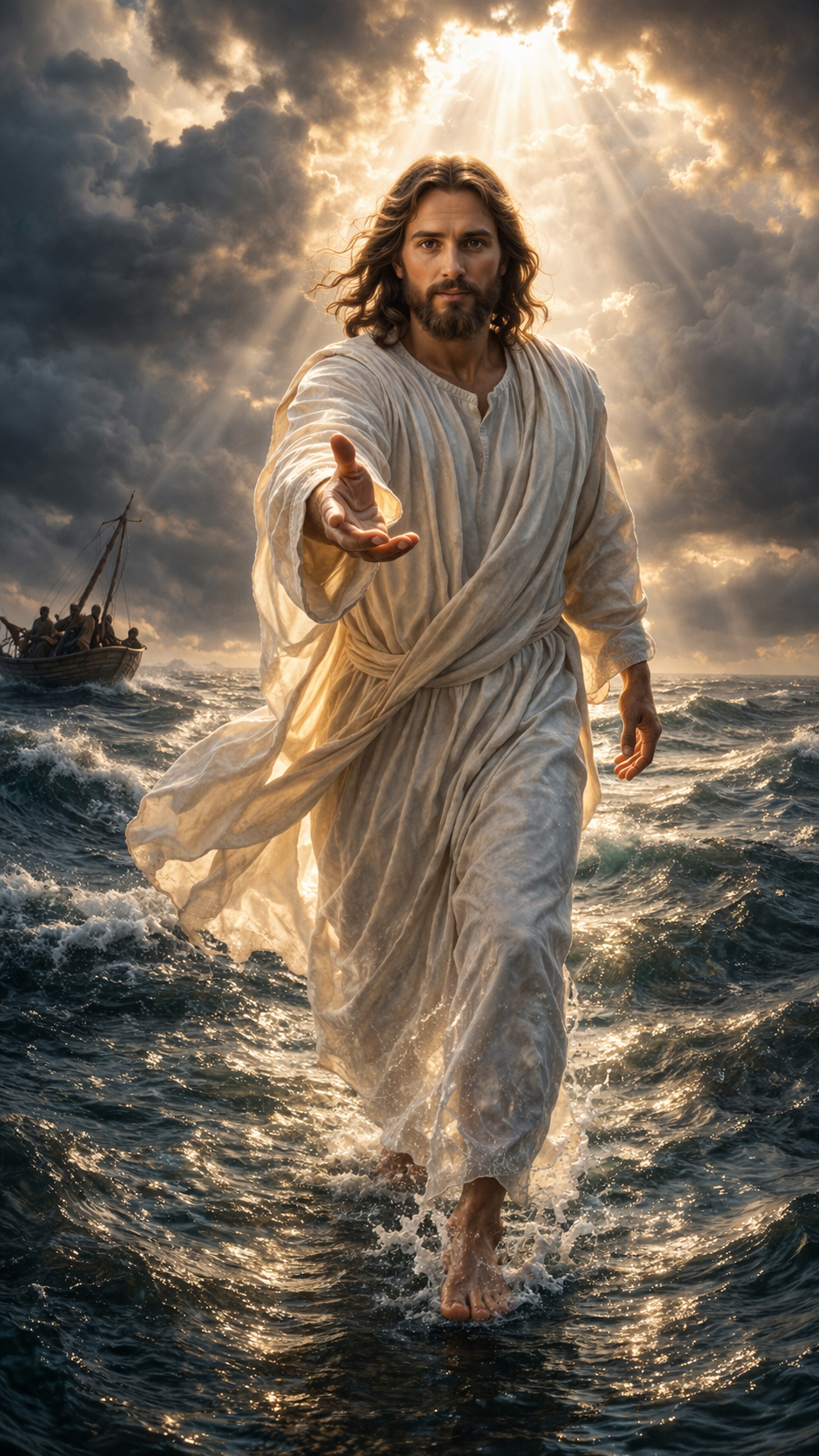 Yeshu Masih photo — Jesus walking on stormy water variant, dramatic divine light — HD wallpaper free download