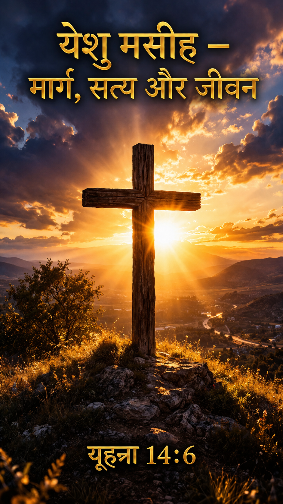 Yeshu Masih wallpaper — cross at sunrise with Hindi text variant, John 14:6 — vertical WhatsApp devotional