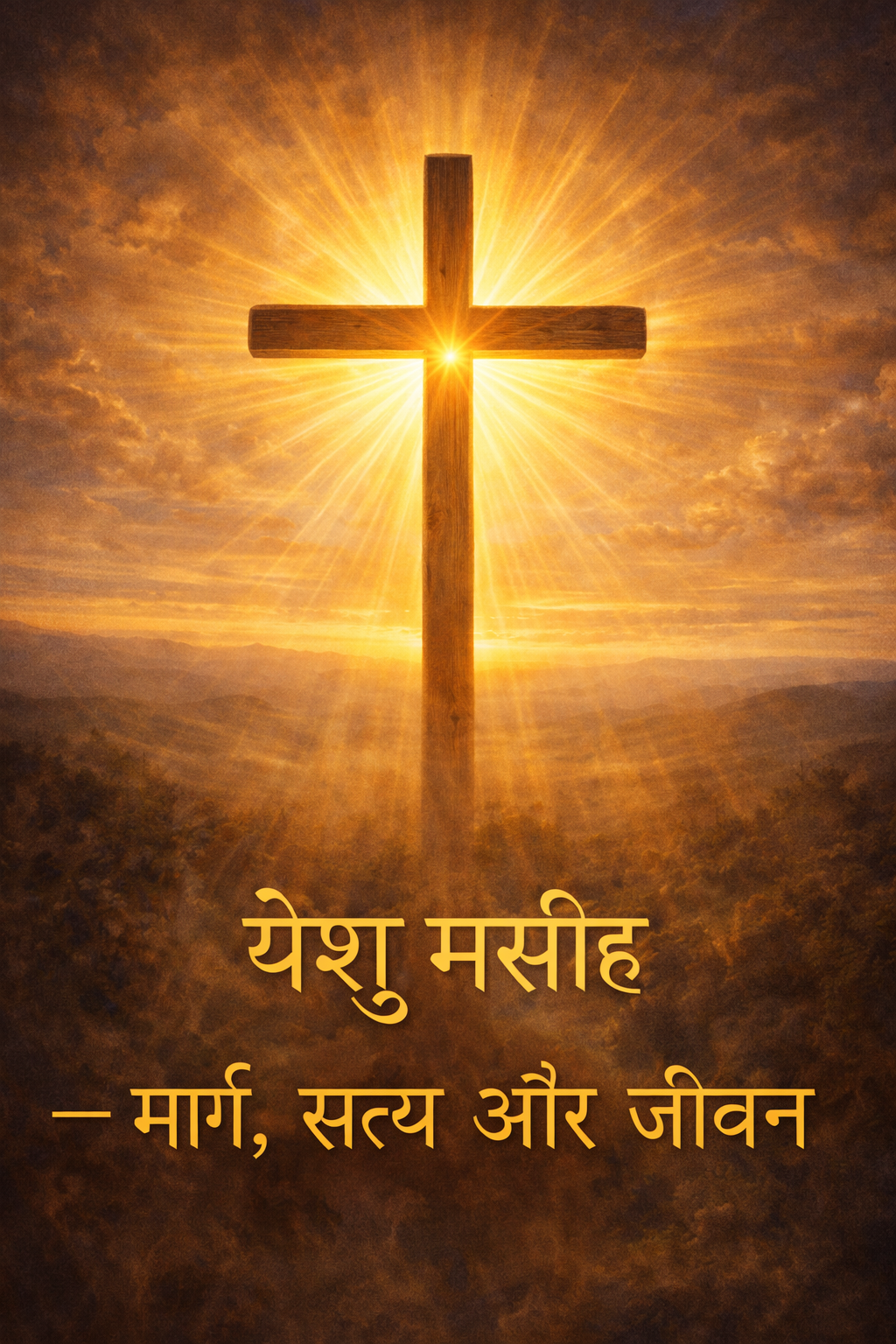 Cross with divine light at sunrise — Hindi Christian inspirational devotional wallpaper