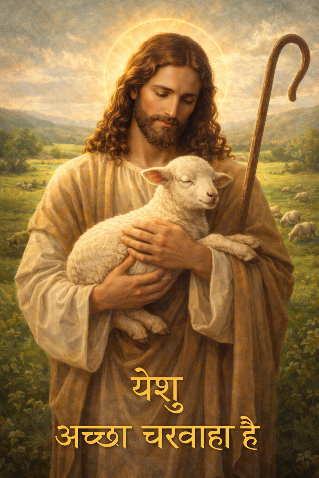 Jesus as Good Shepherd holding a lamb, gentle pastoral background — Hindi Christian devotional wallpaper