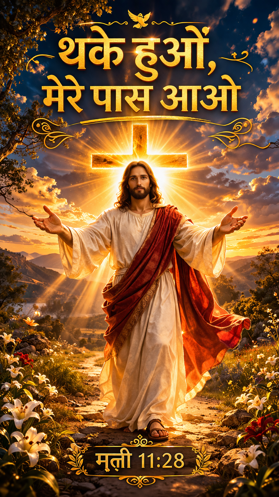 Yesu HD wallpaper — Jesus with open arms, Hindi text Come to me all who are weary Matthew 11:28 — vertical WhatsApp image