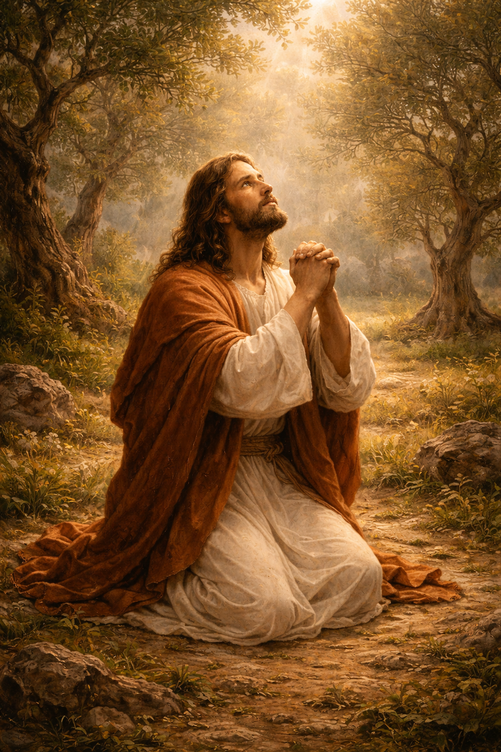 Yesu HD wallpaper — Jesus praying in Garden of Gethsemane, natural light through olive trees — beautiful devotional wallpaper