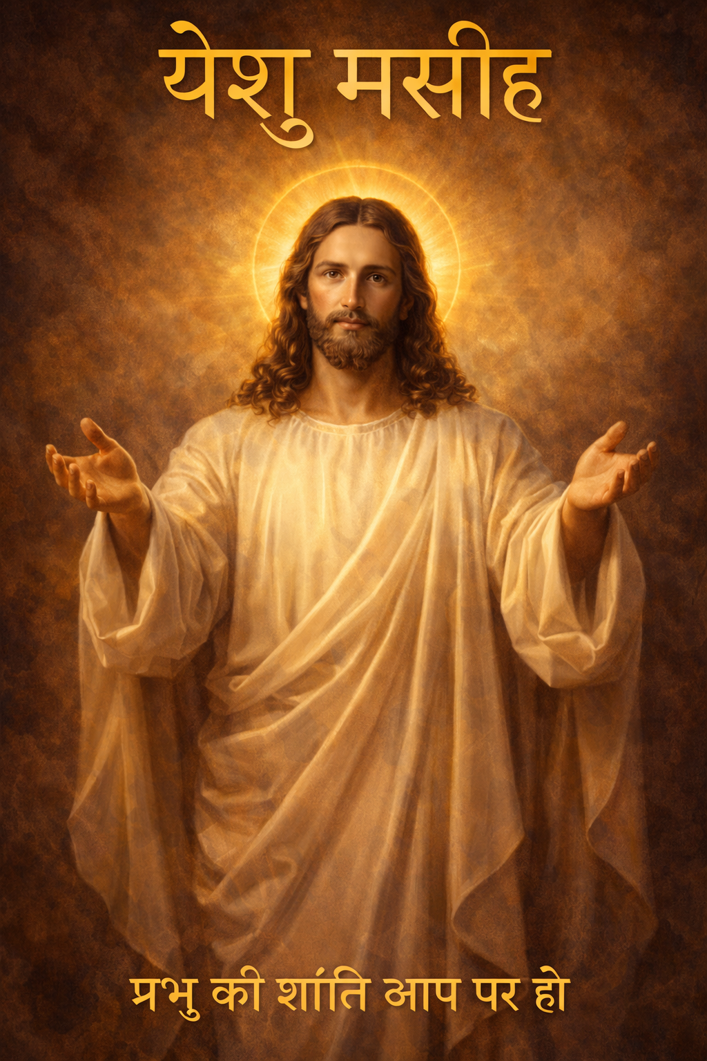Yeshu Masih (Jesus Christ) with divine golden halo, hands outstretched in blessing, Hindi Devanagari text — vertical WhatsApp devotional image