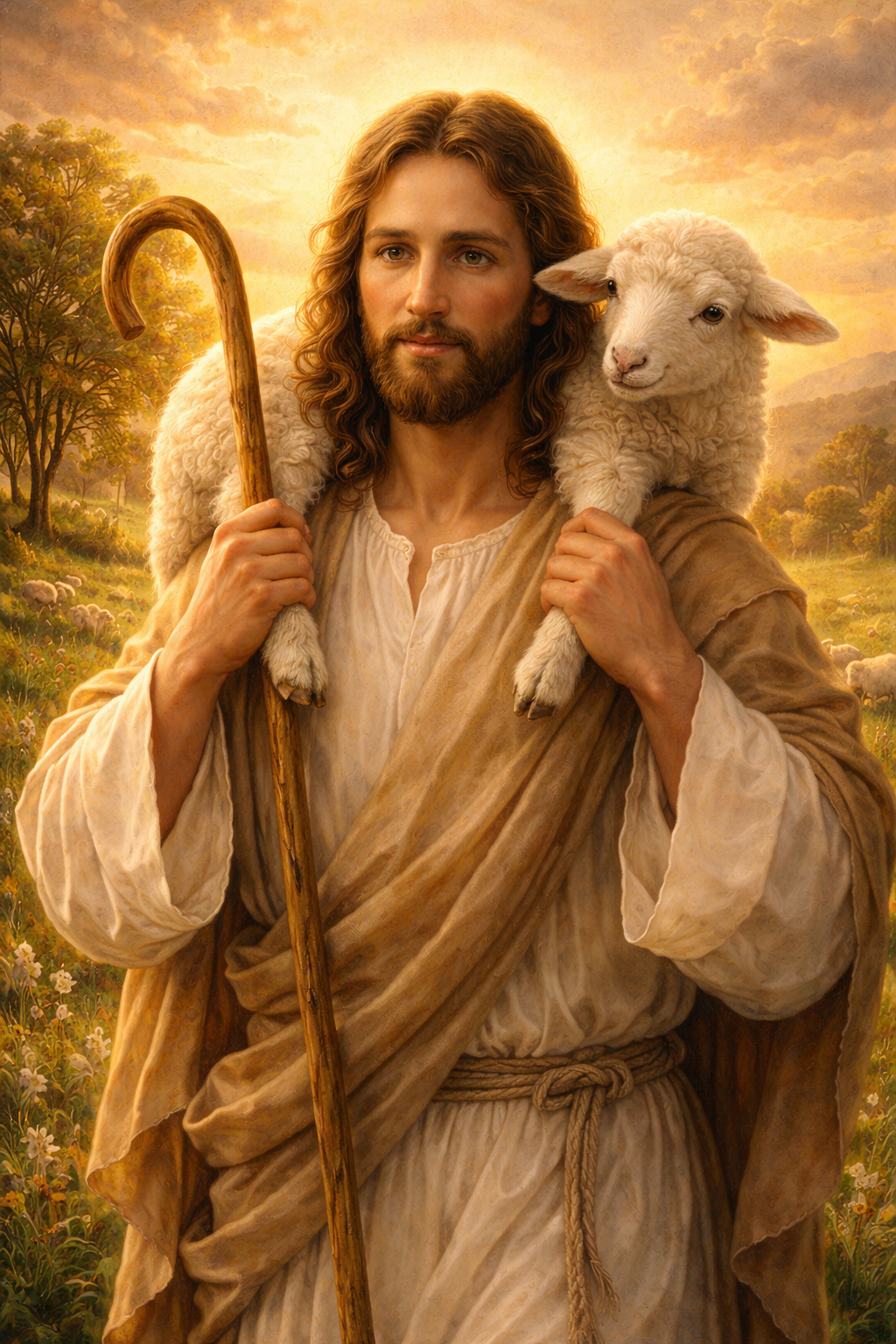 Yesu Prabhu photos — Jesus as Good Shepherd carrying a lamb on shoulders, green pastures, sunset — HD wallpaper free download