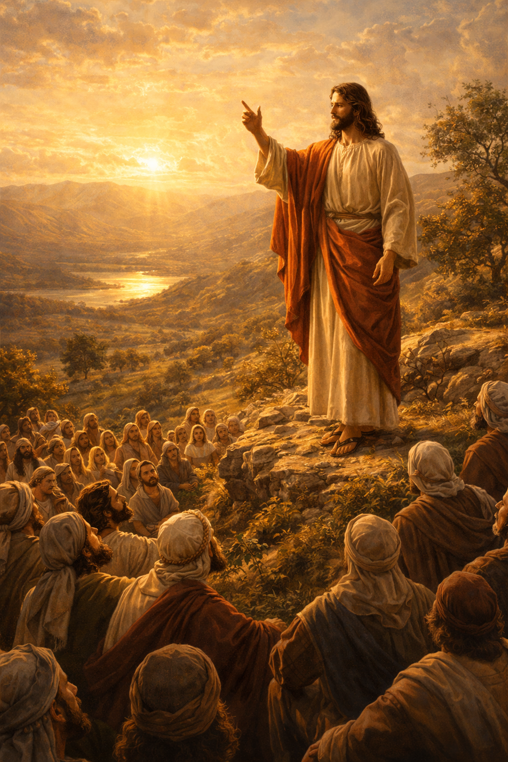 Yesu Prabhu wallpaper — Jesus teaching Sermon on the Mount, hand raised, crowd listening, golden Galilean landscape — HD wallpaper