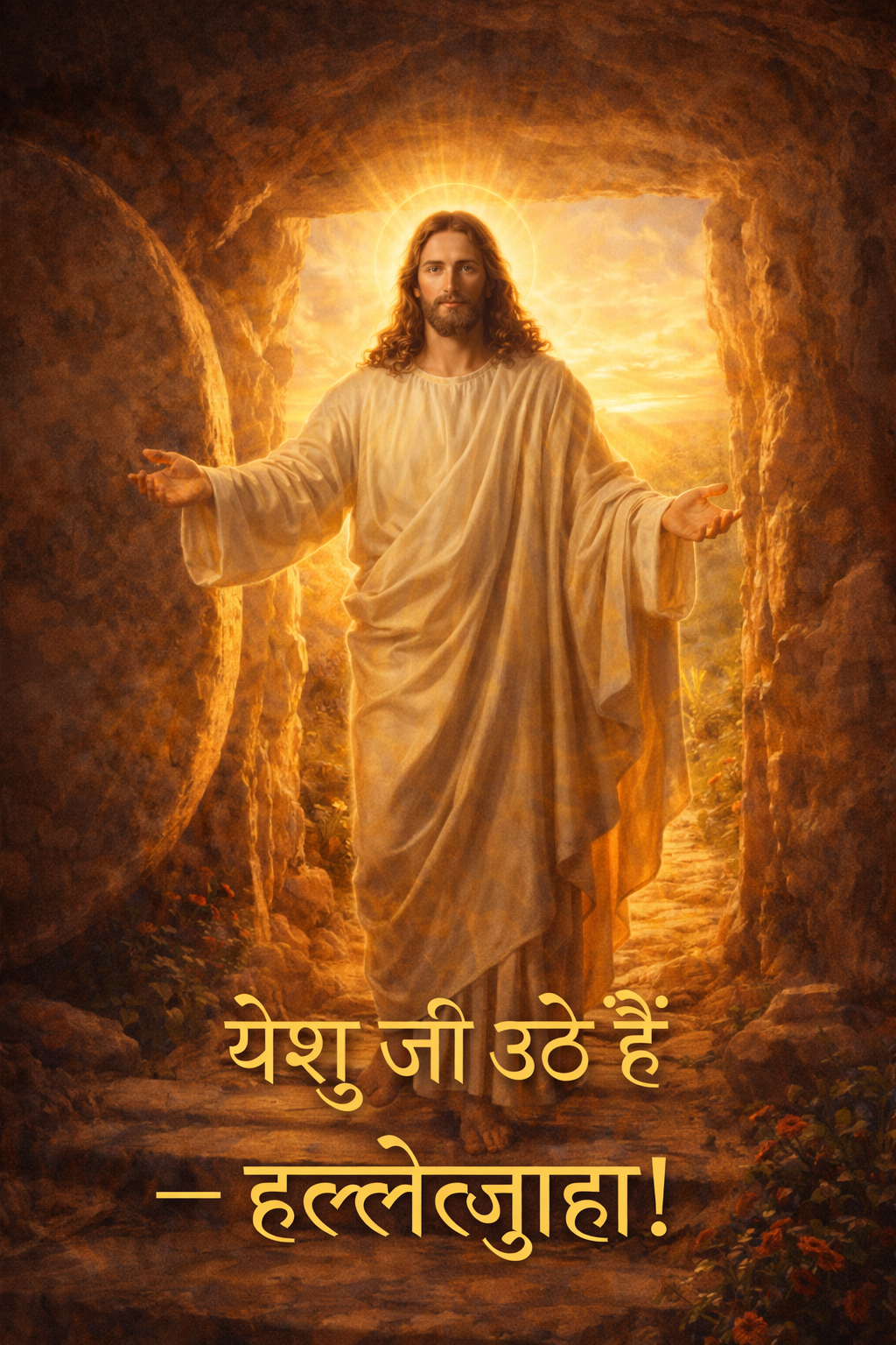 Risen Jesus Christ at the empty tomb with golden sunrise, Hindi Easter devotional — Yesu Ji Uthe Hain Hallelujah — HD wallpaper