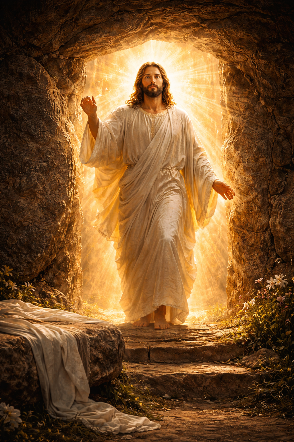 Yesu wallpaper download — Risen Jesus Christ at empty tomb, white radiant robes, golden divine light, Easter morning — free HD wallpaper